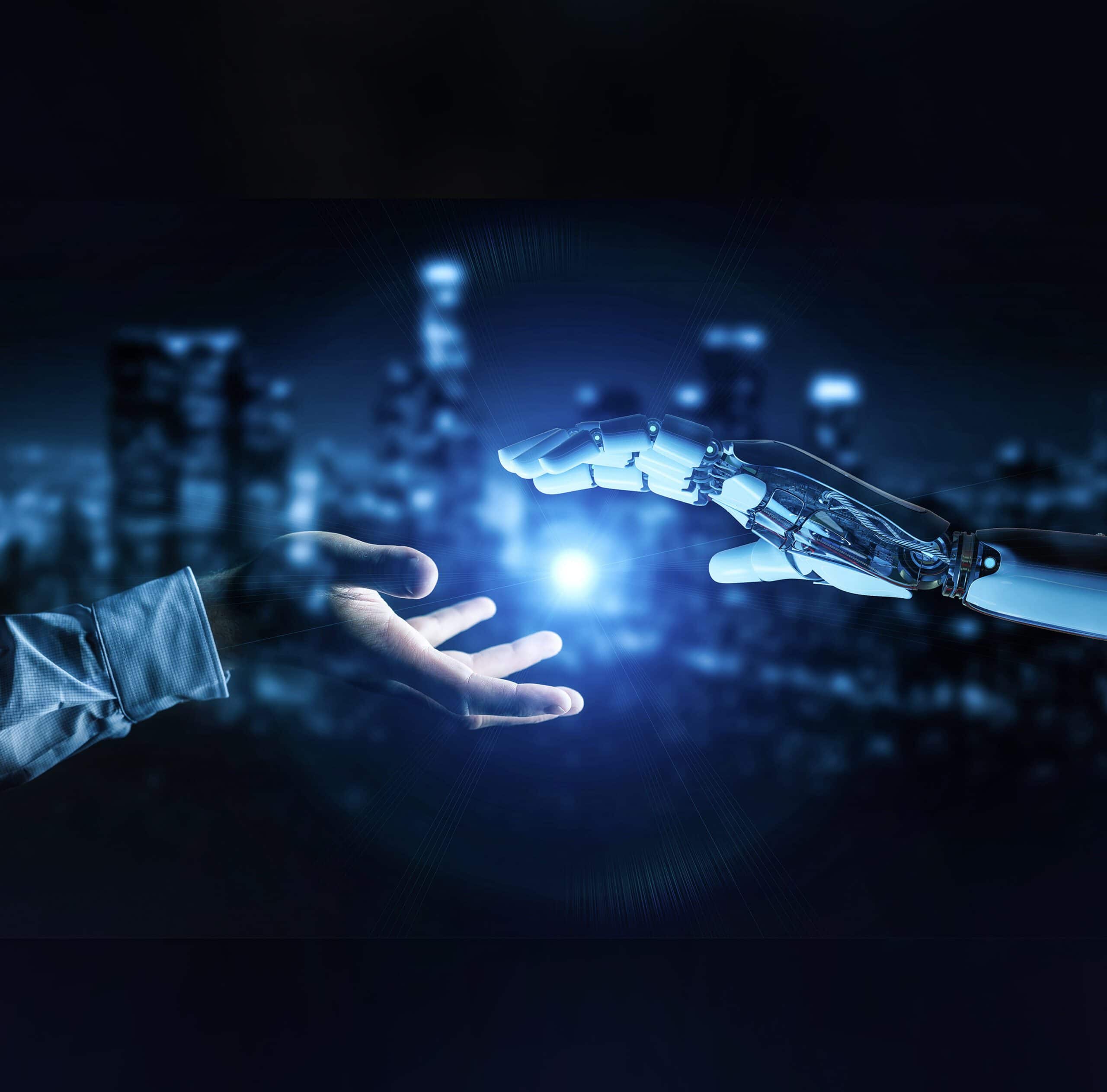 Human and robot hand reaching for each other with a luminous dot in the middle symbolising digital transformation