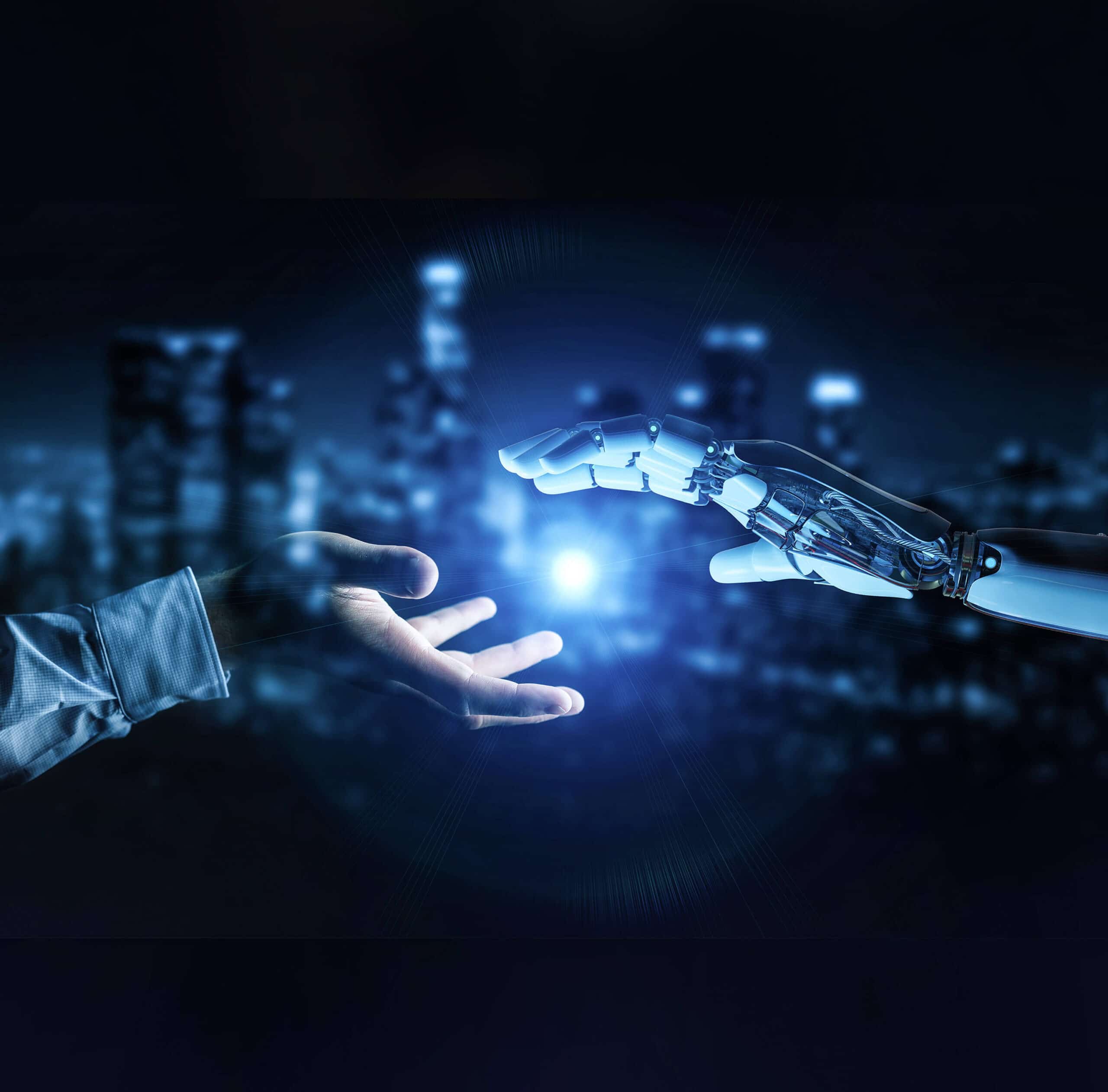 Human and robot hand reaching for each other with a luminous dot in the middle symbolising digital transformation